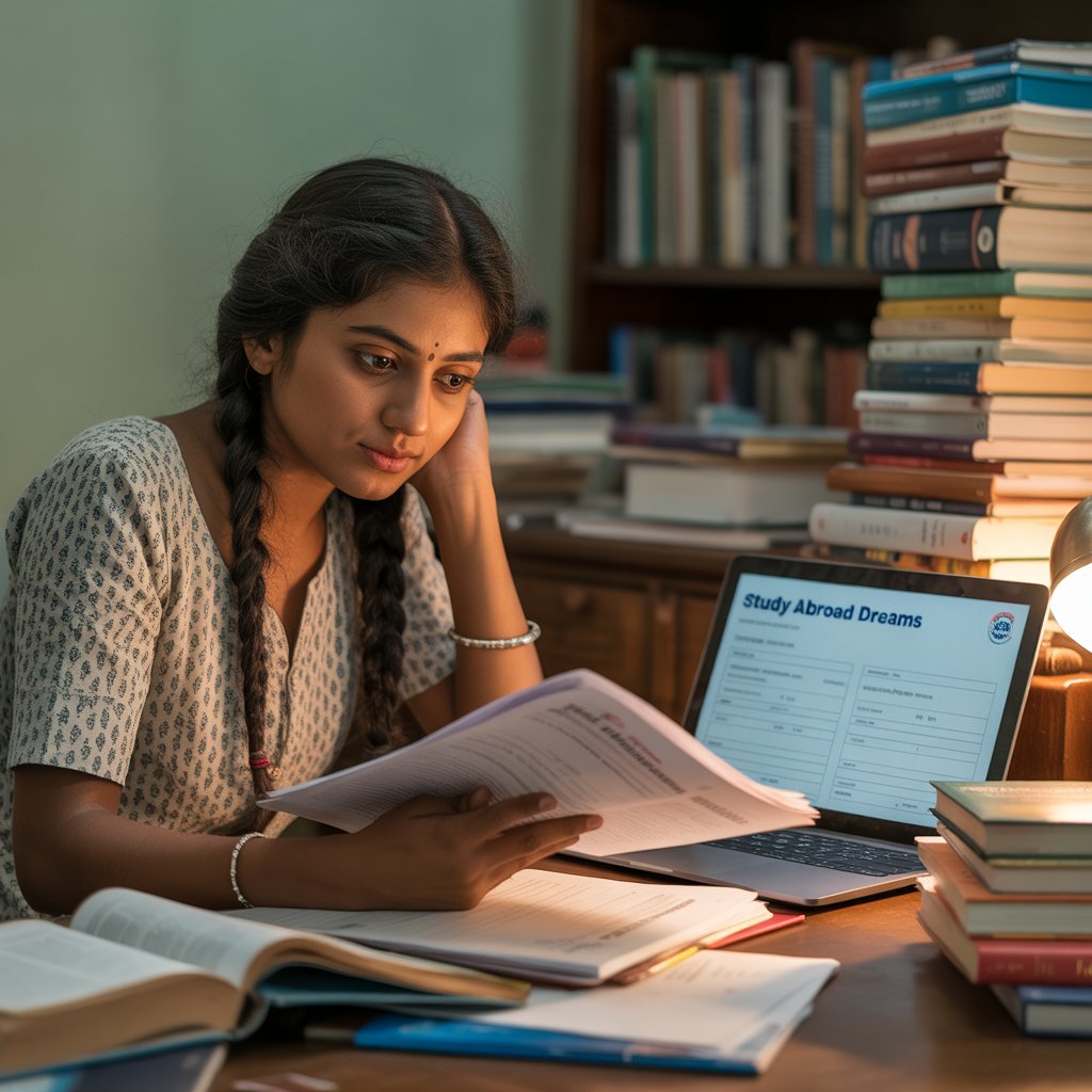 An Indian student diligently working on their scholarship application documents, representing the effort required to secure Indian study abroad scholarships.