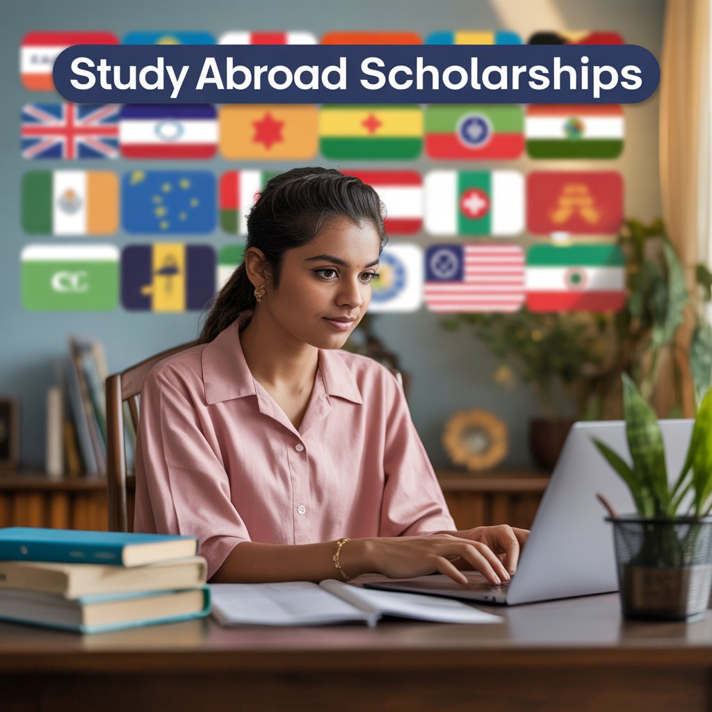 An Indian student actively researching scholarships on a laptop, with international flags in the background, symbolizing the pursuit of Indian study abroad scholarships